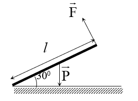 Một người nâng một tấm gỗ đồng chất, tiết diện đều, có trọng lượng P = 200 N. Người ấy tác dụng một lực F vào đầu trên của tấm gỗ (vuông góc với tấm gỗ)