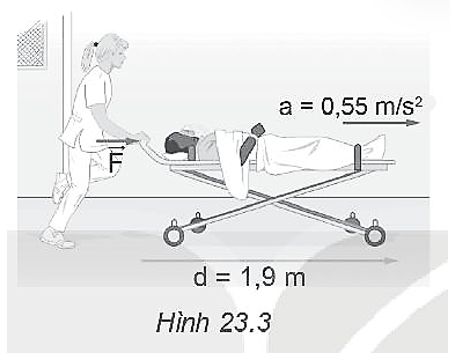 Một người y tá đẩy bệnh nhân nặng 87 kg trên chiếc xe băng ca nặng 18 kg làm cho bệnh nhân và xe băng ca chuyển động thẳng trên mặt sàn nằm ngang với gia