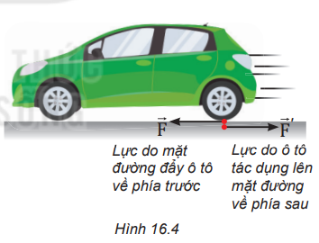 Một ô tô chuyển động trên mặt đường (Hình 16.4), nếu lực do ô tô tác dụng lên mặt đường có độ lớn bằng lực mà mặt đường đẩy ô tô thì tại sao chúng không