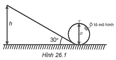 Một ô tô mô hình được thả nhẹ từ trạng thái nghỉ từ độ cao h của một cái rãnh không ma sát. Rãnh được uốn thành đường tròn có đường kính D ở phía cuối