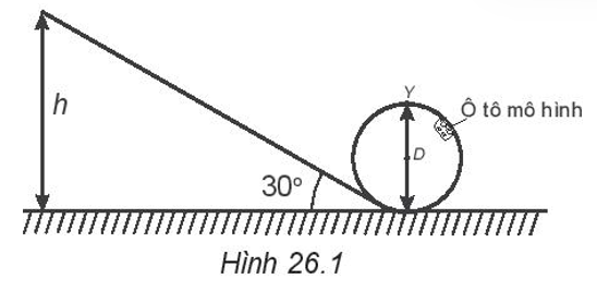 Một ô tô mô hình được thả nhẹ từ trạng thái nghỉ từ độ cao h của một cái rãnh không ma sát. Rãnh được uốn thành đường tròn có đường kính D ở phía cuối như trên Hình 26.1. Ô tô này trượt trên rãnh được cả vòng tròn mà không bị rơi. Giá trị tối thiểu của h là: (ảnh 1)