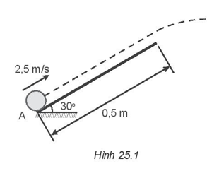 Một quả bóng khối lượng 200 g được đẩy với vận tốc ban đầu 2,5 m/s lên một mặt phẳng nghiêng, nhẵn, dài 0,5 m, hợp với phương nằm ngang góc 300 (Hình 25.1).