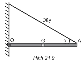 Một thanh dài AO, đồng chất, có khối lượng 1,2 kg. Một đầu O của thanh liên kết với tường bằng một bản lề, còn đầu A được treo vào tường bằng một sợi dây