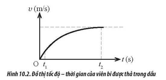 Một vật chuyển động trong không khí, trong nước hoặc trong chất lỏng nói chung đều sẽ chịu tác dụng của lực cản. Xét một viên bi thép có khối lượng 1 g đang ở trạng thái nghỉ được thả rơi trong dầu. Người ta khảo sát chuyển động của viên bi trong dầu và vẽ đồ thị tốc độ theo thời gian của viên bi như Hình 10.2. Cho biết lực đẩy Archimecdes có độ lớn là   và lấy g = 9,8 m/s2. Độ lớn lực cản của dầu tác dụng lên viên bi sau thời điểm t2 là: A.  . B.  . C.  . D.  . (ảnh 1)