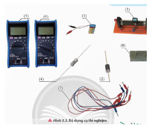 * Mục đích:  Khảo sát mối quan hệ giữa dòng điện chạy qua diode bán dẫn và điện áp giữa hai cực của nó.

* Dụng cụ:

Bộ dụng cụ được sử dụng để khảo sát