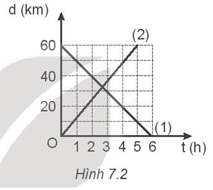 Phương trình chuyển động và độ lớn vận tốc của hai chuyển động có đồ thị ở Hình 7.2 là:  