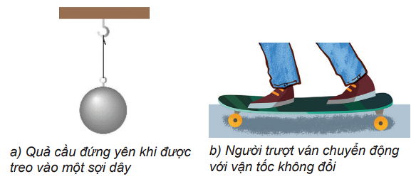 Quan sát các vật trong Hình 14.2.

1. Giải thích tại sao quả cầu đứng yên.

2. Tại sao người trượt ván có thể giữ nguyên vận tốc của mình?