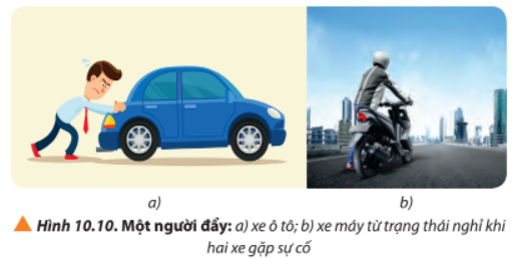 Quan sát Hình 10.10, nhận xét trong trường hợp nào thì ta có thể dễ dàng làm xe chuyển động từ trạng thái đứng yên. Giả sử lực tác dụng trong hai trường