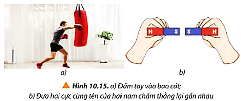 Quan sát Hình 10.15 và trả lời các câu hỏi: a) Khi ta đấm (tác dụng lực) vào bao cát thì tay ta có chịu lực tác dụng không? b) Khi đưa hai cực cùng tên