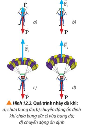 Quan sát Hình 12.3, mô tả chuyển động của vận động viên nhảy dù từ khi bắt đầu nhảy khỏi máy bay đến khi chạm đất. Phân tích lực tác dụng lên dù trong