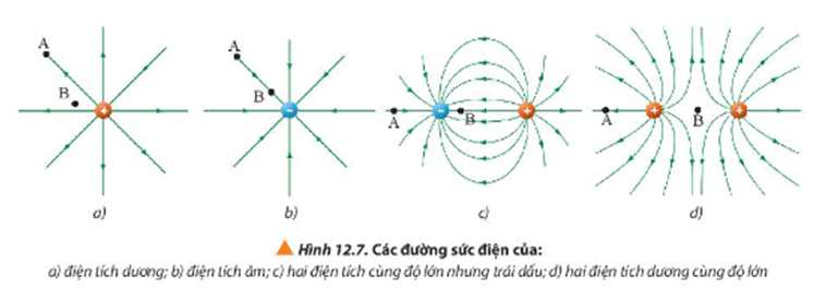 Quan sát Hình 12.7, em hãy mô tả hình dạng, điểm xuất phát, điểm kết thúc của đường sức điện và so sánh độ mạnh yếu của điện trường tại hai vị trí A và