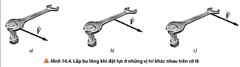 Quan sát Hình 14.4, nhận xét về khả năng lắp bu lông khi đặt lực ở các vị trí khác nhau trên cờ lê. (ảnh 1)