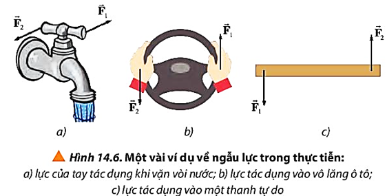 Quan sát Hình 14.6 và thực hiện các yêu cầu sau:

a) Xác định các cặp lực của tay tác dụng khi vặn vòi nước (Hình 14.6a), cầm vô lăng khi lái ô tô (Hình