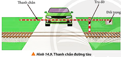 Quan sát Hình 14.9 và thực hiện các yêu cầu sau:

a) Xác định các lực tác dụng lên thanh chắn.

b) Xét trục quay là khớp nối giữa thanh chắn với trụ đỡ