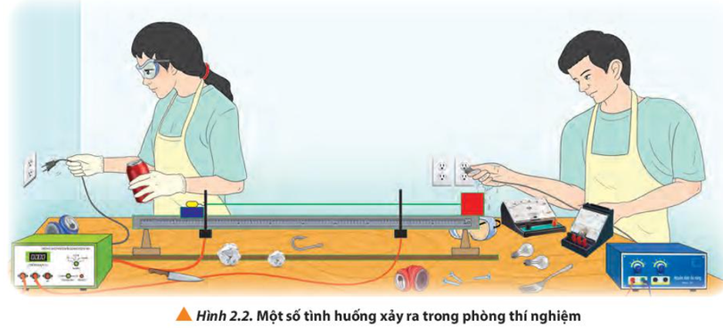 Quan sát hình 2.2 và chỉ ra những điểm không an toàn khi làm việc trong phòng thí nghiệm.