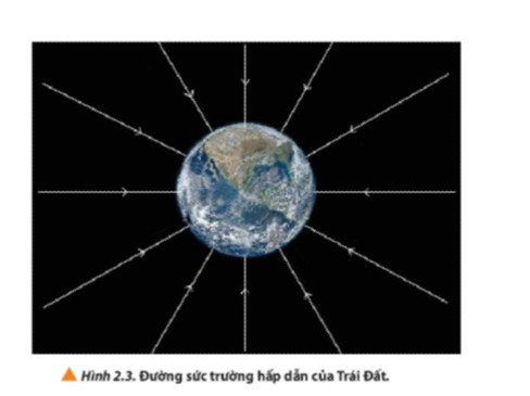 Quan sát Hình 2.3 và nhận xét về phương, chiều của đường sức trường hấp dẫn của Trái Đất.