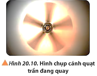 Quan sát Hình 20.10, giải thích tại sao ta thấy phần cánh quạt ở gần trục quay rõ hơn phần ở xa trục quay? Biết rằng khi vật chuyển động cành nhanh, mắt ta sẽ càng khó để quan sát. (ảnh 1)