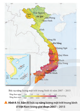 Quan sát Hình 9.16 và hãy phân tích xem vùng nào có tiềm năng phát triển năng lượng mặt trời ở Việt Nam nhất.