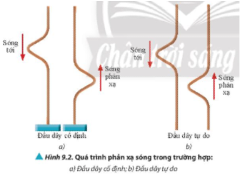 Quan sát Hình 9.2 và nhận xét chiều biến dạng của dây khi có sóng tới và sóng phản xạ trong hai trường hợp: đầu dây cố định và đầu dây tự do. (ảnh 1)