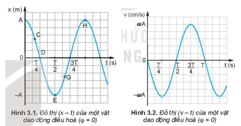 So sánh đồ thị của vận tốc (Hình 3.2) với đồ thị của li độ (Hình 3.1), hãy cho biết vận tốc sớm pha hay trễ pha bao nhiêu so với li độ.