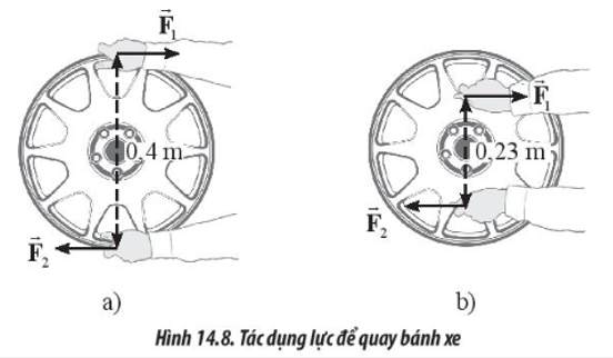 Ta cần tác dụng một moment ngẫu lực 12 N.m để làm quay bánh xe như Hình 14.8. Xác định độ lớn lực tác dụng vào bánh xe ở Hình 14.8a và Hình 14.8b. Từ đó, hãy cho biết trường hợp nào sẽ có lợi hơn về lực.   A. Hình a: 30 N; hình b: 52 N. Ở hình a có lợi hơn về lực. B. Hình a: 3 N; hình b: 5,2 N. Ở hình b có lợi hơn về lực. C. Hình a: 52 N; hình b: 30 N. Ở hình a có lợi hơn về lực. D. Hình a: 30 N; hình b: 52 N. Ở hình b có lợi hơn về lực. (ảnh 1)