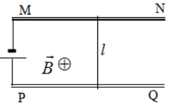 Thanh l có chiều dài 10cm nặng 40 g, điện trở 1,9 Ω, tựa trên hai thanh MN và PQ có điện trở không đáng kể. Suất điện động của nguồn 4 V, điện trở trong