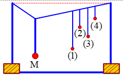 Thực hiện thí nghiệm về dao động cưỡng bức như hình bên.

Năm con lắc đơn: (1), (2), (3), (4) và M (con lắc điều khiển) được treo trên một sợi dây. Ban