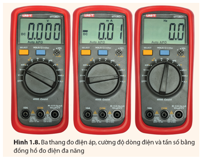 Tìm hiểu các thang đo điện áp hiệu dụng, cường độ dòng điện hiệu dụng và tần số dòng điện xoay chiều của đồng hồ đo điện đa năng. Khi dùng đồng hồ đo điện đa năng để đo cường độ dòng điện, điện áp và tần số của dòng điện xoay chiều, cần lưu ý gì về vị trí của núm xoay thay đổi thang đo và chốt cắm của hai que đo ở Hình 1.8.   (ảnh 1)