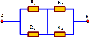 Tính điện trở tương đương của mạch sau. Biết  R1 = 2 Ω,  R2 = 4 Ω, R3 = 6 Ω, R4 = 6 Ω.