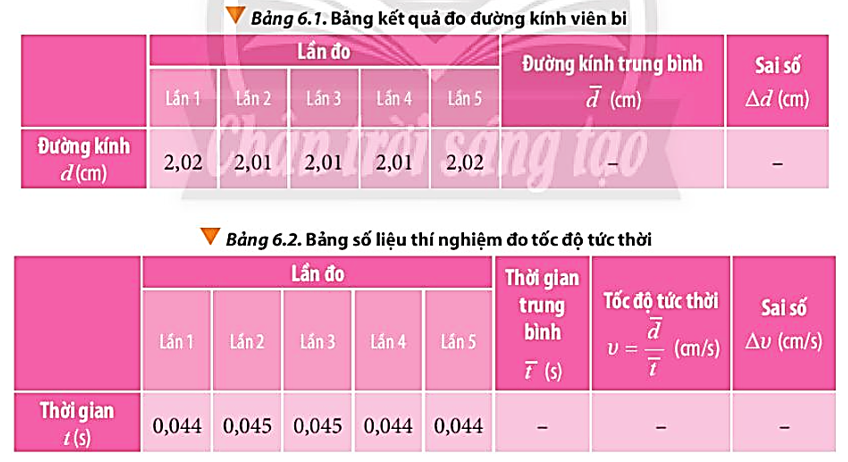 Tính tốc độ tức thời của viên bi, ghi kết quả vào Bảng 6.2 (ảnh 1)