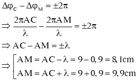 .

M cùng pha C, gần C nhất nên ta có:

   

TH1: AM = 8,1 cm (M nằm giữa C và I)

Xét  Ta có: MC = IC – MI = 1,059cm

TH2: AM = 9,9cm (C nằm giữa M và I)

Xét  Ta có: MC = IC – MI = 1,024cm.

Vậy khoảng cách cần tìm là 1,024cm