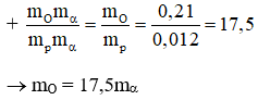 + Thay vào phương trình mO.m a   = 0,21(mO + mp)2  ®   m a   = 4,107mp

+ Vì 2 hạt sinh ra có cùng vận tốc nên: K a  .m a   = (mO + mp).(K a   -   1,21)

®   K a   = 1,555 MeV