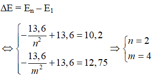 Khi nguyên tử Hidro ở trạng thái cơ bản:

Khi chiếu lần lượt hai photon có năng lượng 10,2eV và 12,75eV vào đám nguyên tử Hidro ở trạng thái cơ bản thì đám nguyên tử này hấp thụ được 2 photon trên nếu thoả mãn:

 => Đám nguyên tử hấp thụ được cả hai photon.