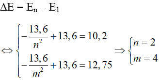 - Khi nguyên tử Hidro ở trạng thái cơ bản: 

- Khi chiếu lần lượt hai photon có năng lượng 10,2eV và 12,75eV vào đám nguyên tử Hidro ở trạng thái cơ bản thì đám nguyên tử này hấp thụ được 2 photon trên nếu thoả mãn:

⇒ Đám nguyên tử hấp thụ được cả hai photon.