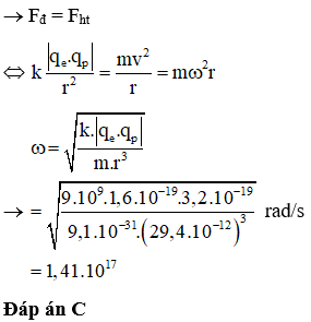 + Trong nguyên tử Heli có 2 proton nên điện tích của hạt nhân Heli là qp = 2.1,6.10-19 = 3,2.10-19 C

+ Vì electron chuyển động tròn đều nên lực điện cũng chính là lực hướng tâm.