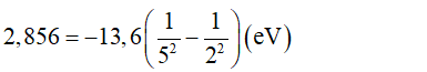 - Nhận thấy :

- Suy ra nguyên tử này đã nhày từ mức n = 2 lên mức n = 5.

   Tức là bước sóng nhỏ nhất sinh ra khi nguyên tử nhảy từ mức n = 5 về mức n = 1

- Khi đó nguyên tử phát ra photon có năng lượng :