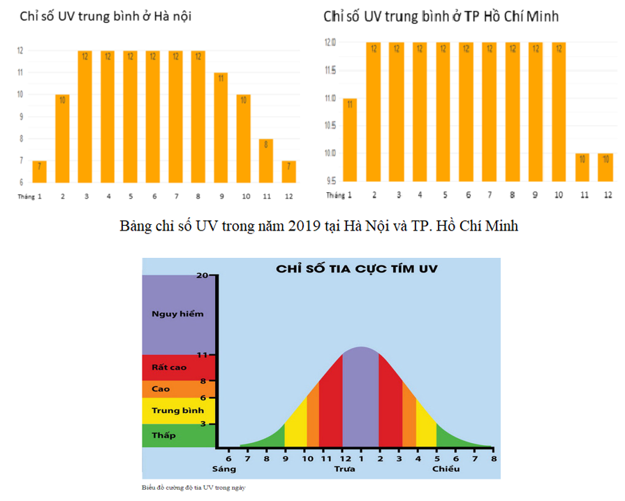 Các em có thể dựa vào thông tin tham khảo dưới đây và lập biểu đồ tương ứng với địa phương em:

- Ánh sáng UVB phổ biến hơn ở vùng khí hậu có nắng hơn ở vùng khí hậu ít ánh nắng. Ánh sáng UVB (và ánh sáng UVA) được phản chiếu từ cát, nước và tuyết (80% tia UVB phản chiếu từ tuyết). Ở bán cầu bắc, tia UVB mạnh nhất trong khoảng từ tháng 4 đến tháng 10, xuất hiện nhiều vào ban ngày với cường độ cực đại trong khoảng từ 10:00 sáng đến 4:00 chiều.

- Học sinh tự lập bảng theo dõi theo mẫu dưới đây:    

   

Tháng    

   

1  

2  

3  

4  

5  

6  

7  

8  

9  

10  

11  

12    

Thời gian  

12h  

11h  

...  

   

   

   

   

   

   

   

   

 

- Biểu đồ tham khảo: