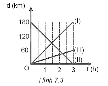 Đáp álà: B

Đồ thị (I) và (IV) biểu diễn chuyển động thẳng đều.

Đồ thị (II) có độ dịch chuyển không thay đổi.

Đồ thị (III) có vận tốc thay đổi theo thời gian.

Sử dụng đề bài sau để trả lời cho bài 2, 3

Dựa vào đồ thị ở Hình 7.3, xác định: