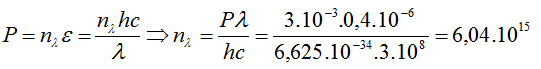 /span>

Gọi nλ là số phôtôn chiếu đến tế bào quang điện trong 1s.

Công suất bức xạ:

Số phôtôn mà bề mặt catốt nhận được trong 30s:   N=30.nλ =181,2.1015