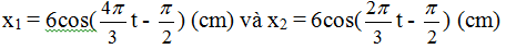 Theo đồ thị ta thấy chu kỳ dao động của hai chất điểm:

   T­2­ = 2T1 và A1 = A2 = 6cm

  Mặt khác

Phương trình dao động của hai chất điểm:

Hai chất điểm có cùng li độ khi:

Có hai họ nghiệm   t1 = 3k1 (s) với k1 = 1, 2, 3….  Và t2 = k2 + 0,5 (s) với k2 = 0, 1, 2

  Các thời điểm x1 = x2:  t (s)