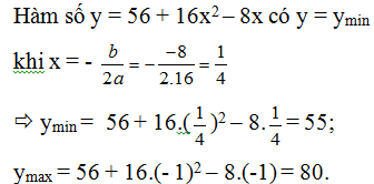 Chọn trục tọa độ Ox như hình vẽ, ta có phương trình dao động của hai vật là

xA = 64 + 8cos w A t = 64 + 8cos2 w B t

     = 64 + 8(2cos2 w B t - 1) = 56 + 16cos2 w B t;

xB =  8cos w B t.  Khoảng cách giữa hai vật là L = y = xA – xB = 56 + 16cos2 w B t -  8cos w B t

Đặt  cos w B t  = x với – 1  £  x = cos w B t  £  1, ta có y = 56 + 16x2 – 8x