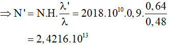 - Công suất của ánh sáng kích thích:

   (N số photon của ánh sáng kích thích phát ra trong 1s)

- Công suất của ánh sáng phát quang

   (N’ số photon của ánh sáng phát quang phát ra trong 1s).

- Hiệu suất của sự phát quang:

- Thay số vào ta có: