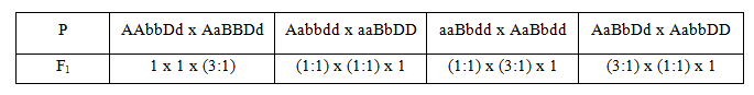 Để F1: 3 : 3 : 1 : 1 ↔ (3:1) × (1:1) × 1

Ta có bảng sau:

Vậy có 2 phép lai thỏa mãn là: (3) và (4)