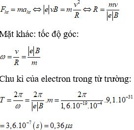 Khi e bay vào từ trường đều với quỹ đạo tròn thì lực lorentz sẽ đóng vai trò là lực hướng tâm.

Ta có: