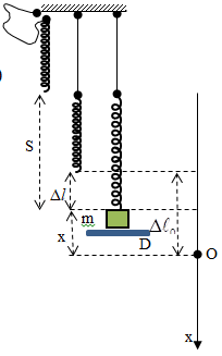 Cách giải:    Giả sử m bắt đầu rời khỏi giá đỡ D khi lò xo dãn 1 đoạn là  Δ l,

Tại vị trí này ta có

 => .

  Thời gian ngắn nhất từ khi m rời giá đỡ D cho đến khi  vật m trở lại vị trí lò xo không biến dạng lần thứ nhất.

 