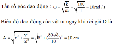 Cách giải:    Giả sử m bắt đầu rời khỏi giá đỡ D khi lò xo dãn 1 đoạn là  Δ l,

Tại vị trí này ta có

 => .

  Thời gian ngắn nhất từ khi m rời giá đỡ D cho đến khi  vật m trở lại vị trí lò xo không biến dạng lần thứ nhất.

 