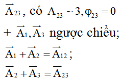 Từ dữ kiện đã cho ở đề bài, vẽ giản đồ vecto như hình vẽ, với:

+ Dao động tổng hợp x12 được biểu diễn bằng vecto

+ Dao động tổng hợp x23 được biểu diễn bằng vecto

Với tam giác vuông được tạo bởi các cạnh A12 và A23, ta thấy: