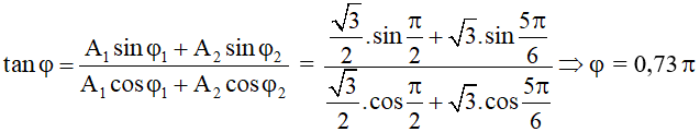 Phương trình dao động tổng hợp của hai dao động trên là: x = Acos(ωt + φ).

Biên độ dao động tổng hợp là:

A2 = A12 + A22 + 2A1A2 cos(φ2 - φ1) = 

⇒ A ≈ 2,3 (cm)

Pha của dao động tổng hợp là:

Vậy phương trình tổng hợp là: x = 2,3cos(5πt + 0,73π) (cm).