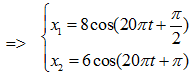 +  Từ đồ thị ta có:  hai  dao động đều có  T = 0,1s => ω = 20π rad/s.

+ Gỉa sử trong thời điểm t, tổng tốc độ của hai dao động có giá trị lớn nhất.

Áp dụng bất đẳng thức Bunhiacopxki:

 