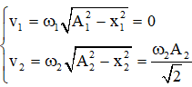 .

- Tại thời điểm t = 0 hai điểm sáng cùng đi qua VTCB theo chiều dương

  + Phương trình dao động của hai điểm sáng:

 

+ Ở VTCB theo chiều dương hai điểm sáng có cùng độ lớn vật tốc

- Công thức tính vận tốc tại thời điểm t: 

Khi vận tốc của điểm sáng 1 bằng 0 thì vận tốc của điểm sáng 2 mới giảm lần:

 

Biểu diễn trên đường tròn lượng giác ta có:

 

Từ đường tròn lượng giác ta thấy: cùng trong khoảng thời gian t, góc quét được của hai chất điểm lần lượt là:

 

- Thời điểm hai điểm sáng có cùng vận tốc:

 

  Với k = 0 => thời điểm đầu tiên hai điểm sáng có cùng độ lớn vận tố c.

Với k = 1 => thời điểm tiếp theo hai điểm sáng có cùng độ lớn vận tốc là: 

=> Góc quét được tương ứng của hai chất điểm trên đường tròn:

Biểu diễn trên đường tròn lượng giác:

Từ đường tròn lượng giác ta có tỉ số độ lớn li độ của hai điểm sáng